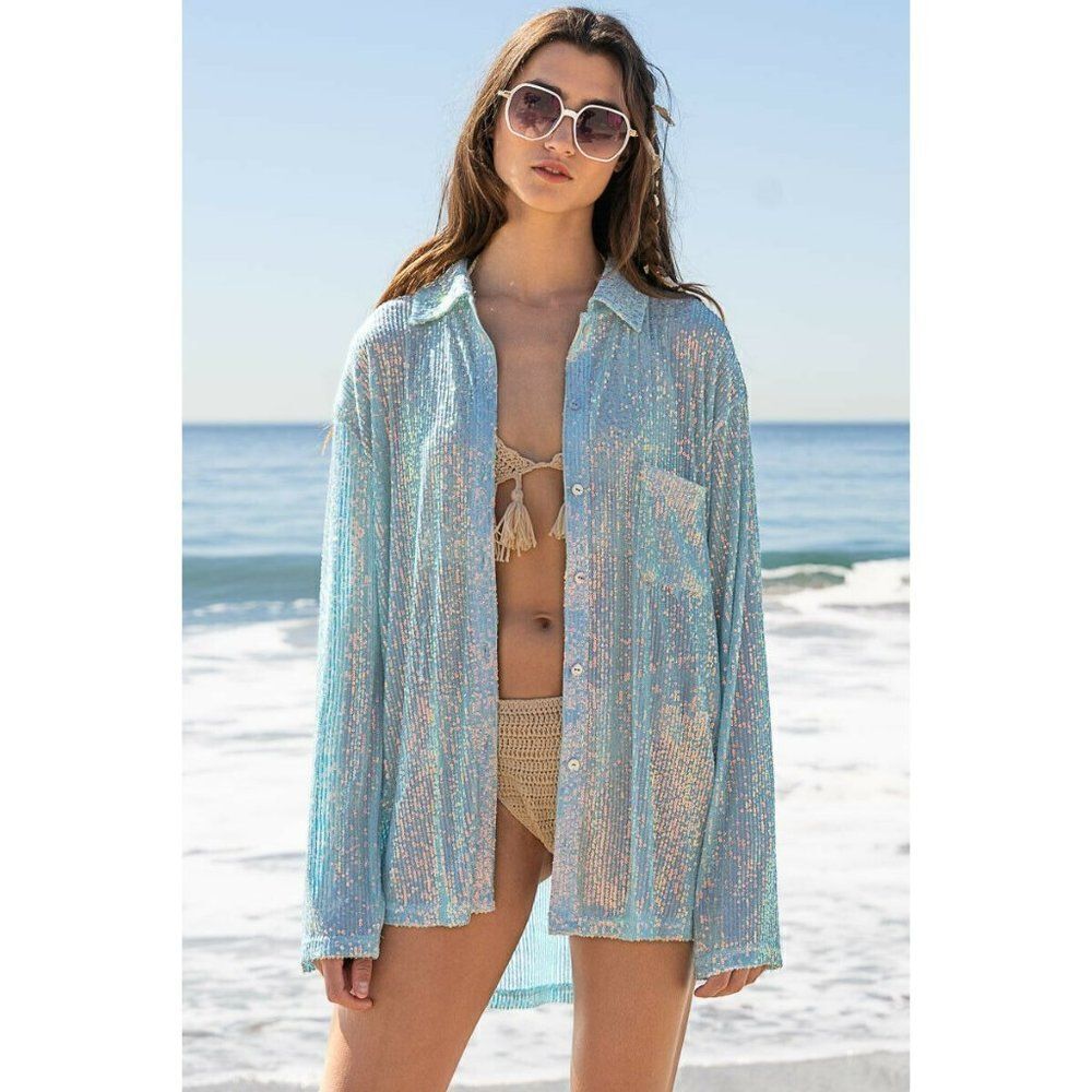 POL CLOTHING AQUA BLUE SEQUIN BUTTON UP SHIRT BEACH COVER UP SPARKLY CUTE NEW